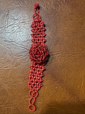 Brick Red Beaded Bracelet with Beaded Rose